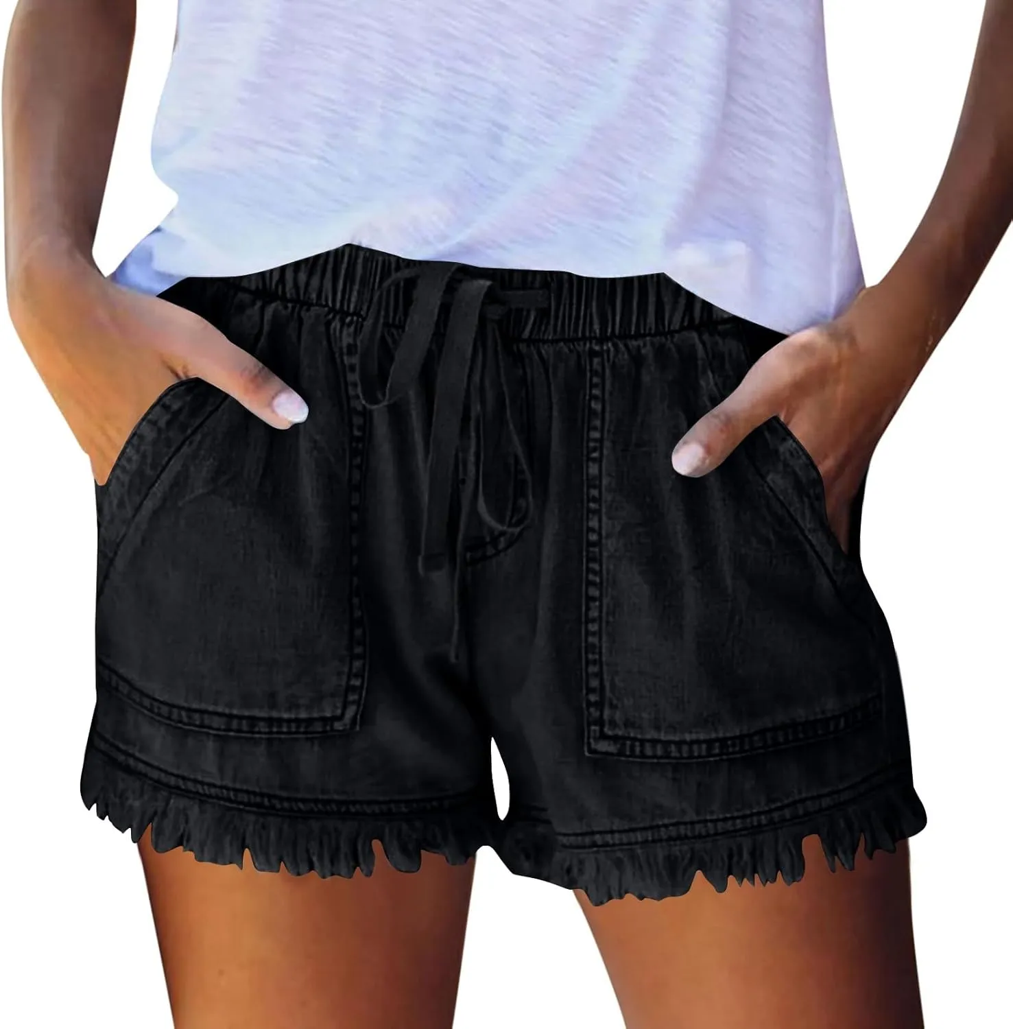 Jean Shorts Womens High Waisted Elastic Baggy Comfy Shorts Y2K Summer Casual Tassel Wide Leg Denim Skort with Pockets