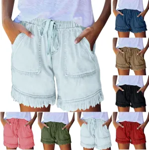 Jean Shorts Womens High Waisted Elastic Baggy Comfy Shorts Y2K Summer Casual Tassel Wide Leg Denim Skort with Pockets