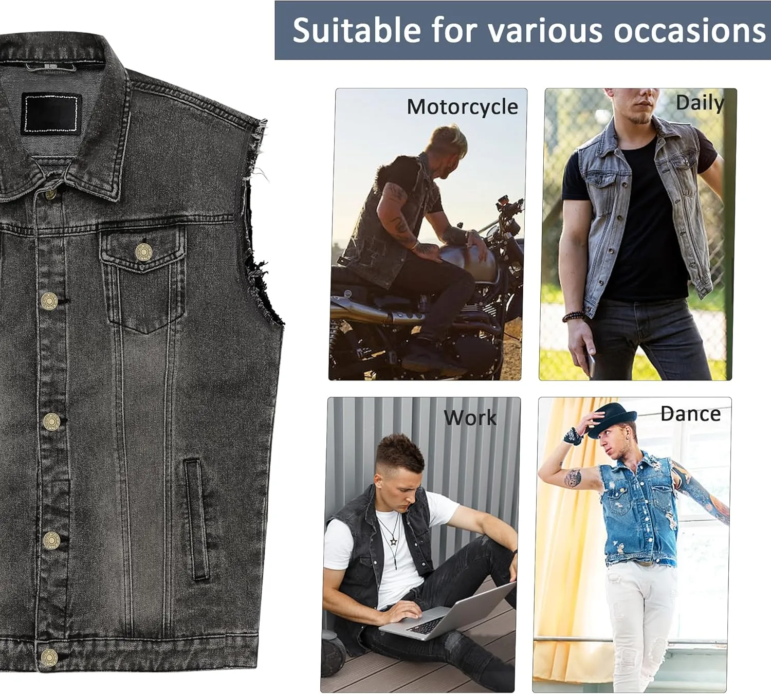 JYG Denim Vest for Men Casual Lapel Trucker Jeans Vests Fashion Vintage Sleeveless Vest