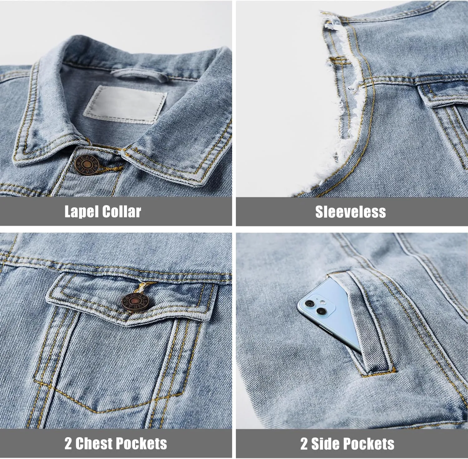 JYG Denim Vest for Men Casual Lapel Trucker Jeans Vests Fashion Vintage Sleeveless Vest