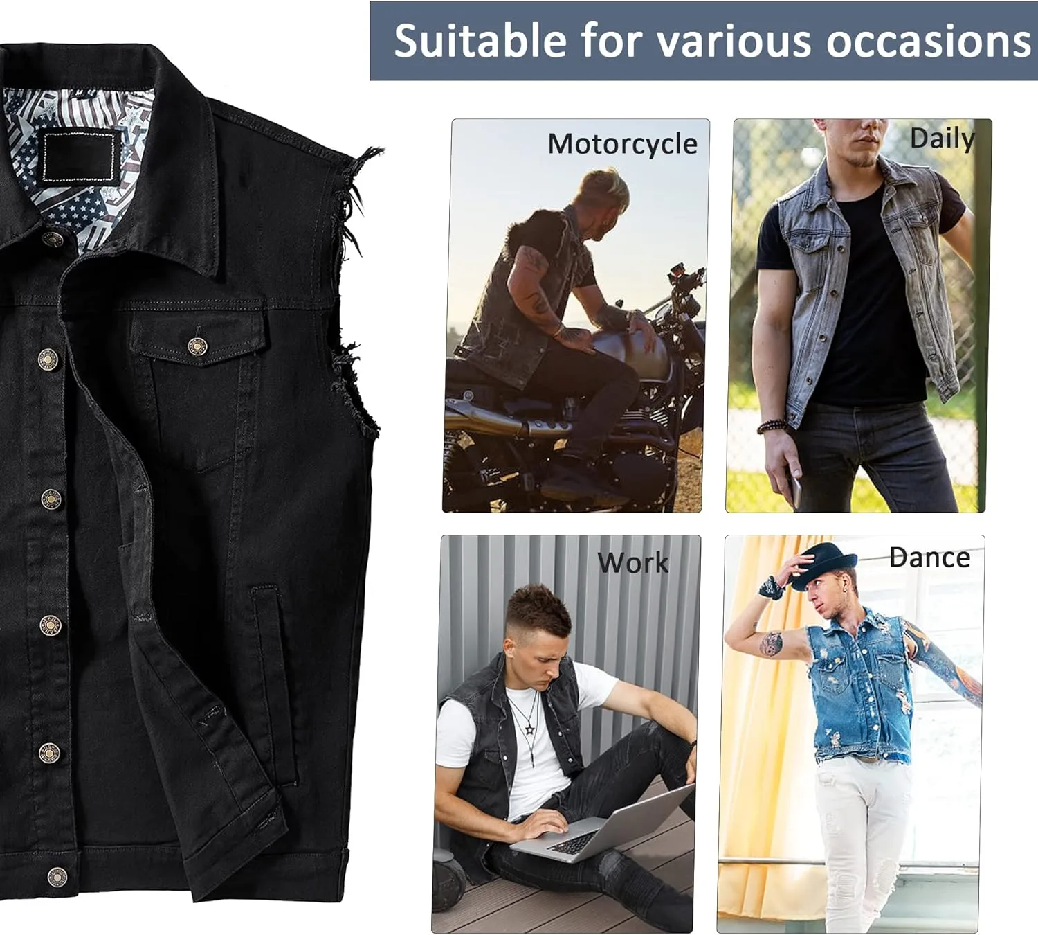 JYG Denim Vest for Men Casual Lapel Trucker Jeans Vests Fashion Vintage Sleeveless Vest