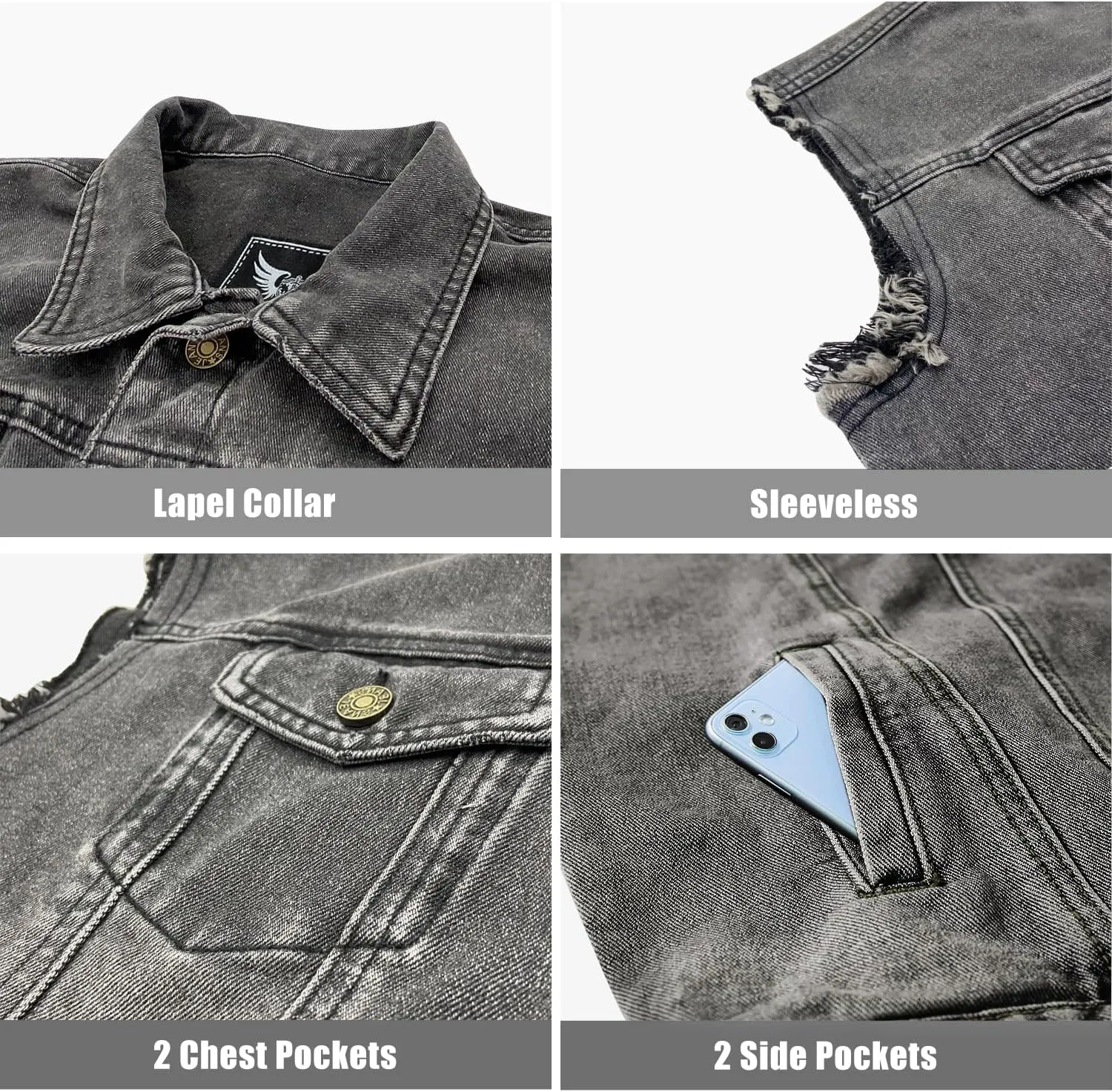 JYG Denim Vest for Men Casual Lapel Trucker Jeans Vests Fashion Vintage Sleeveless Vest