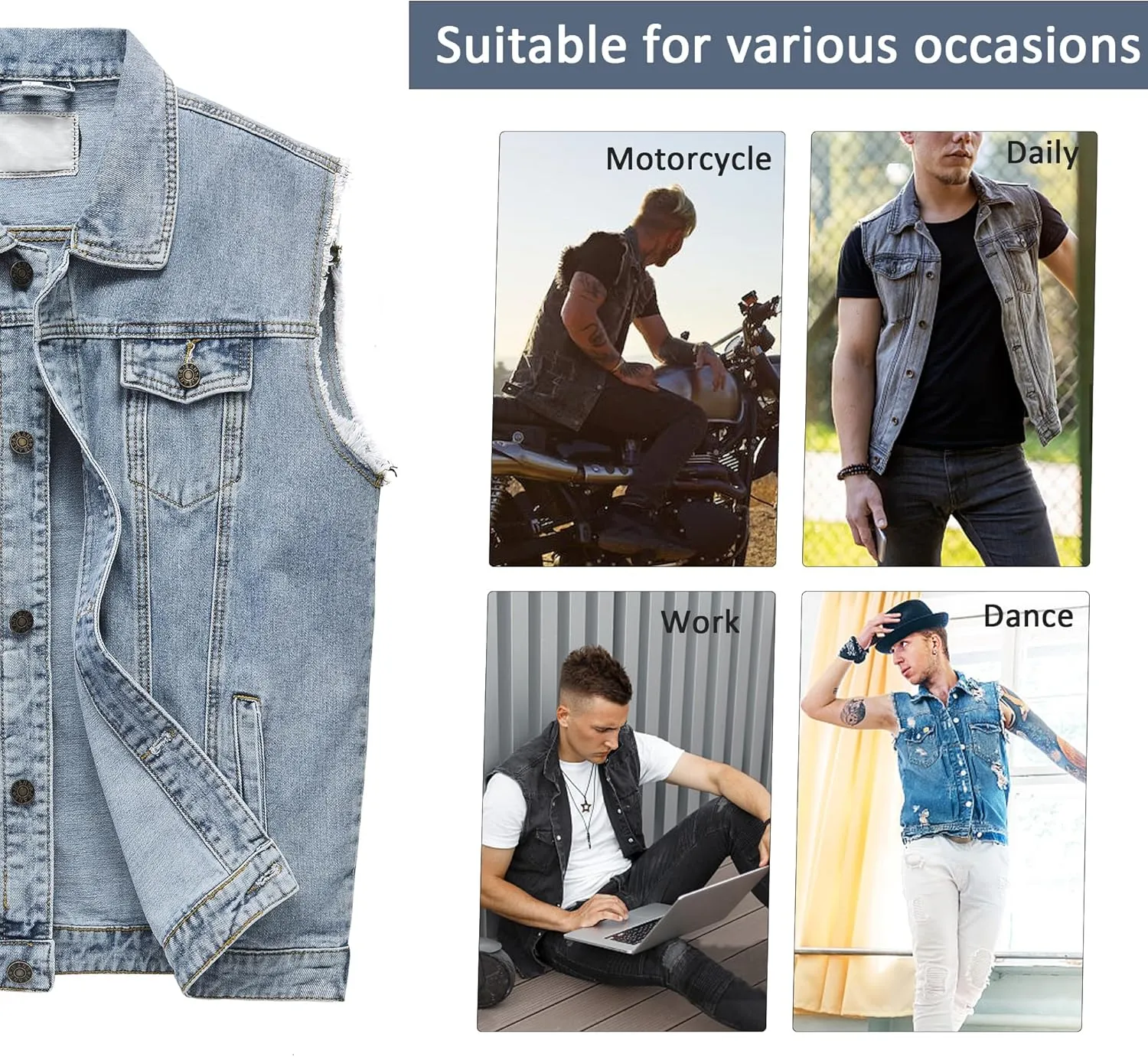 JYG Denim Vest for Men Casual Lapel Trucker Jeans Vests Fashion Vintage Sleeveless Vest