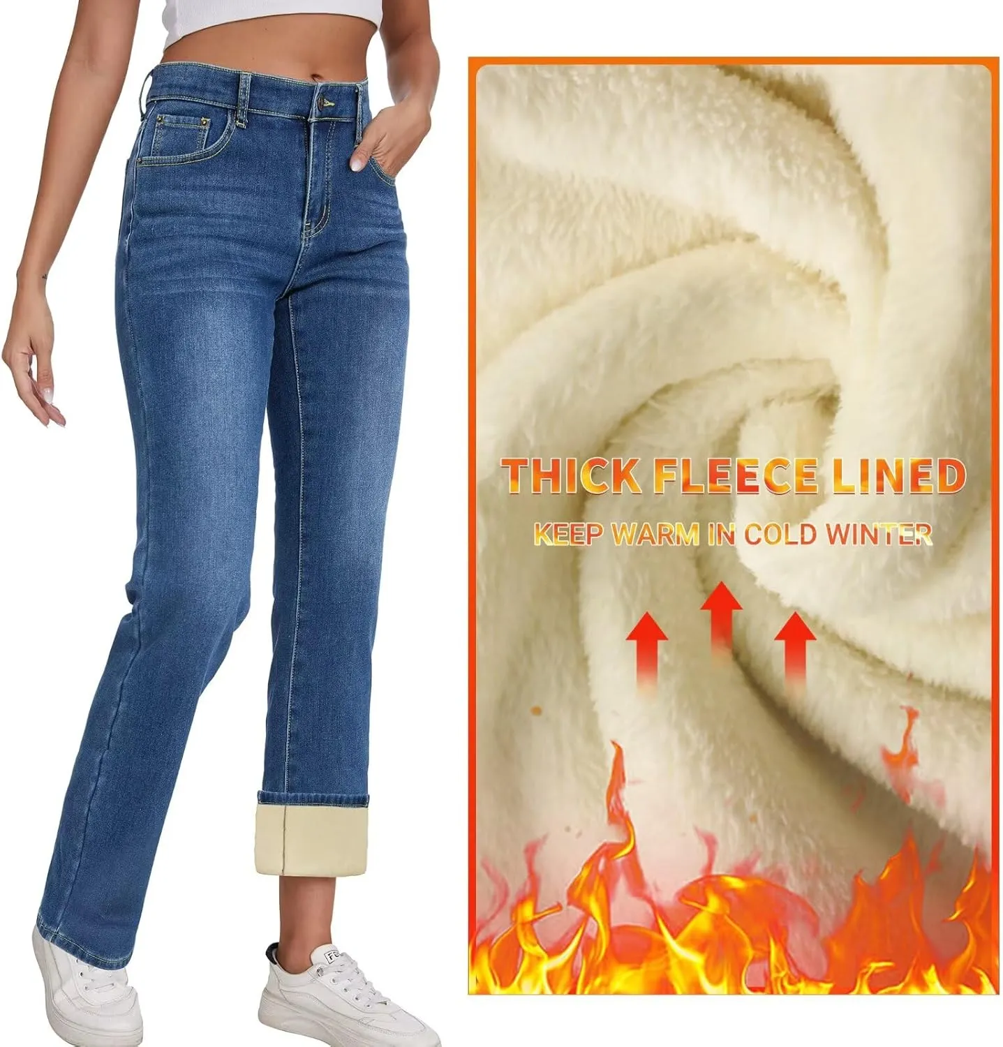 KDF Women's Fleece Lined Jeans Women High Waisted Straight Leg Jeans Winter Fleece Lined Jean Pants