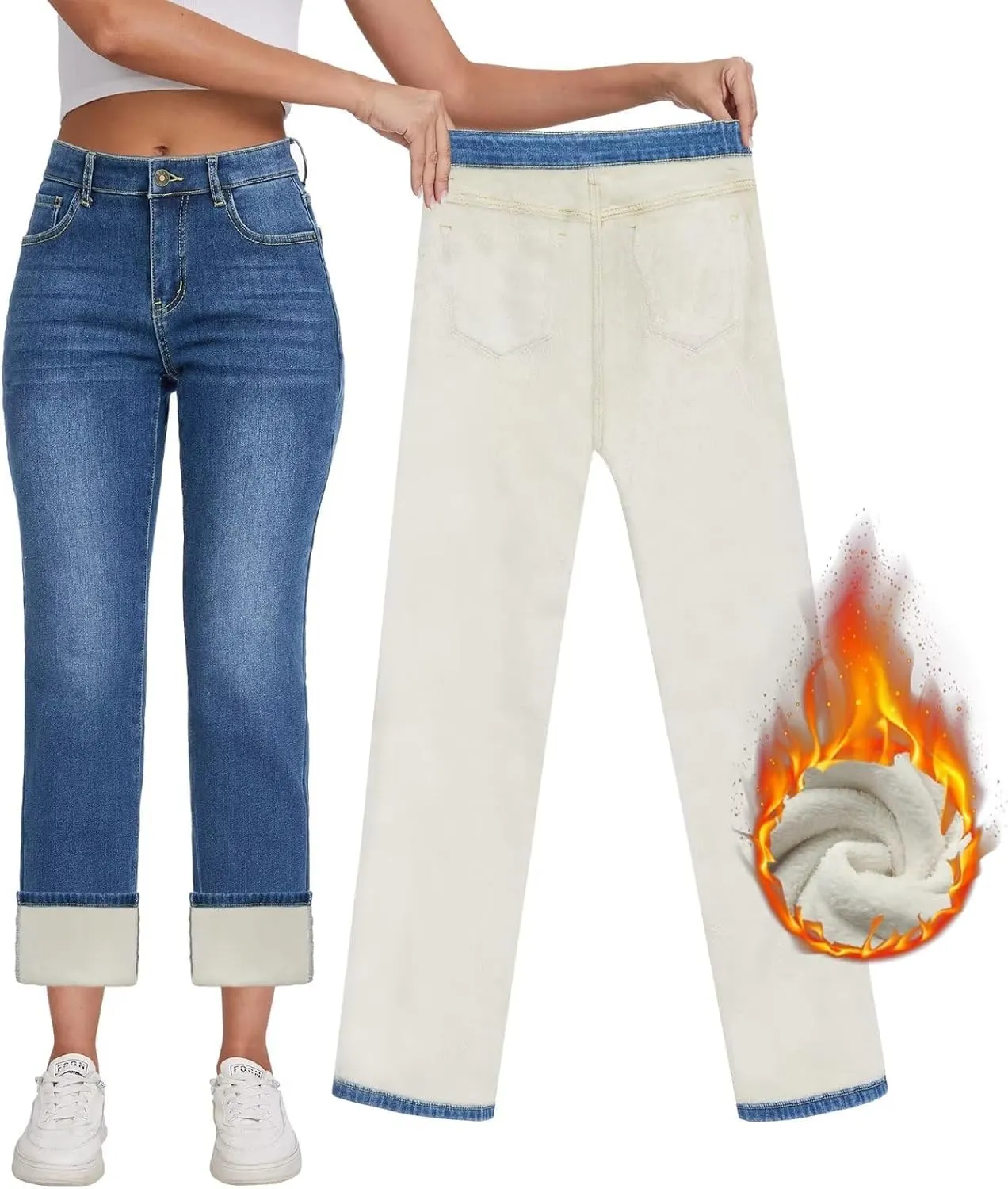 KDF Women's Fleece Lined Jeans Women High Waisted Straight Leg Jeans Winter Fleece Lined Jean Pants