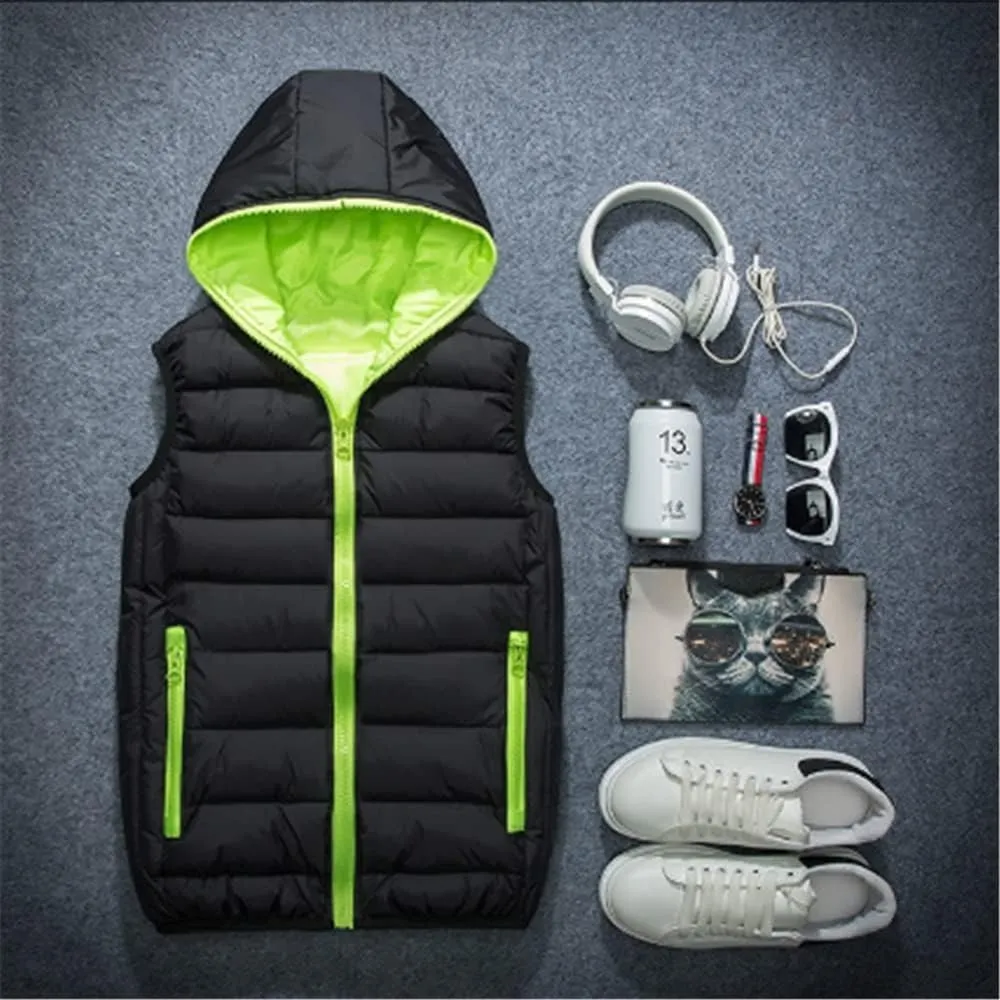 KISSQIQI Men's Lightweight Vest Hooded Padded Puffer Vest Male Outdoors Cotton-Padded Thickening Vests Coats