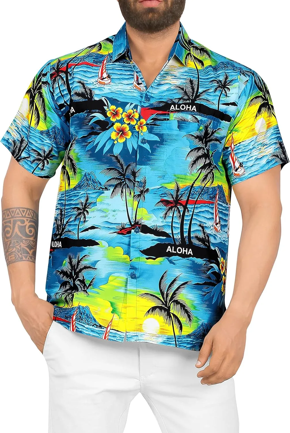 LA LEELA Men's Hawaiian Shirts Short Sleeve Button Down Shirt Mens Shirts Holiday Tropical Party Shirts for Men Funny