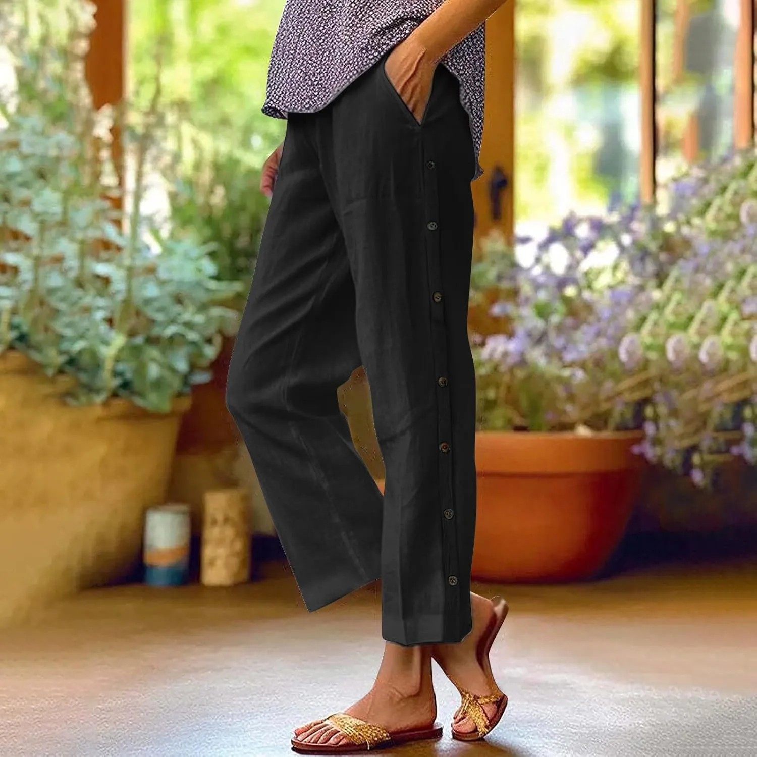 Linen Capri Pants for Women 2025 Casual Solid Color Drawstring Petite Side Button Pants Beach Trousers with Pockets