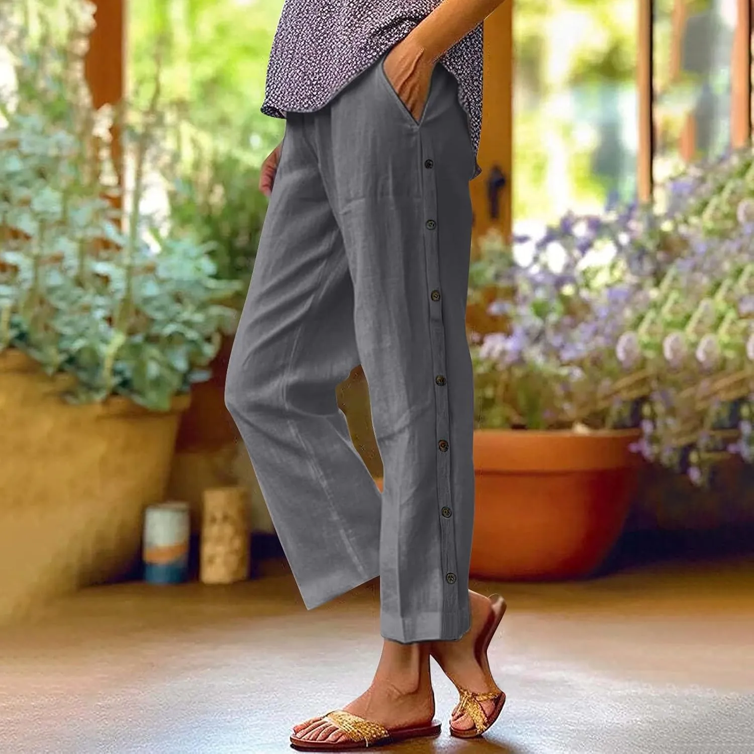 Linen Capri Pants for Women 2025 Casual Solid Color Drawstring Petite Side Button Pants Beach Trousers with Pockets