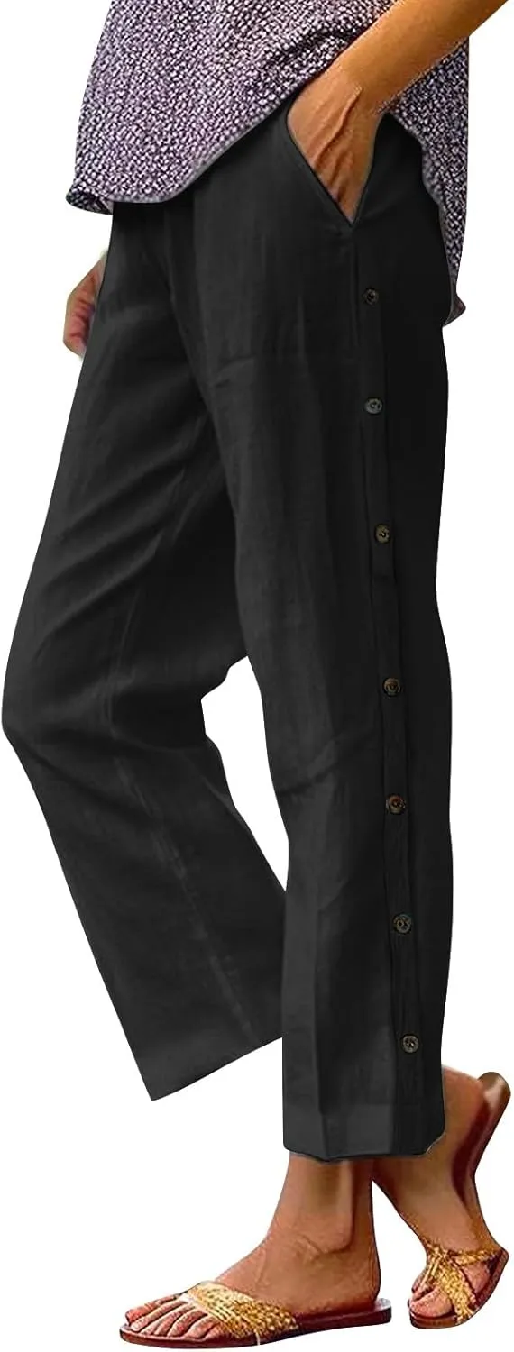 Linen Capri Pants for Women 2025 Casual Solid Color Drawstring Petite Side Button Pants Beach Trousers with Pockets