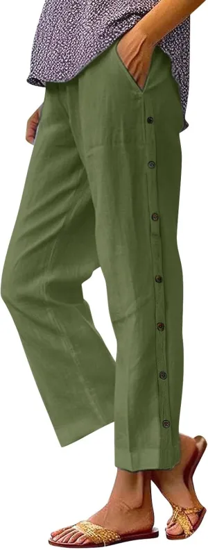 Linen Capri Pants for Women 2025 Casual Solid Color Drawstring Petite Side Button Pants Beach Trousers with Pockets