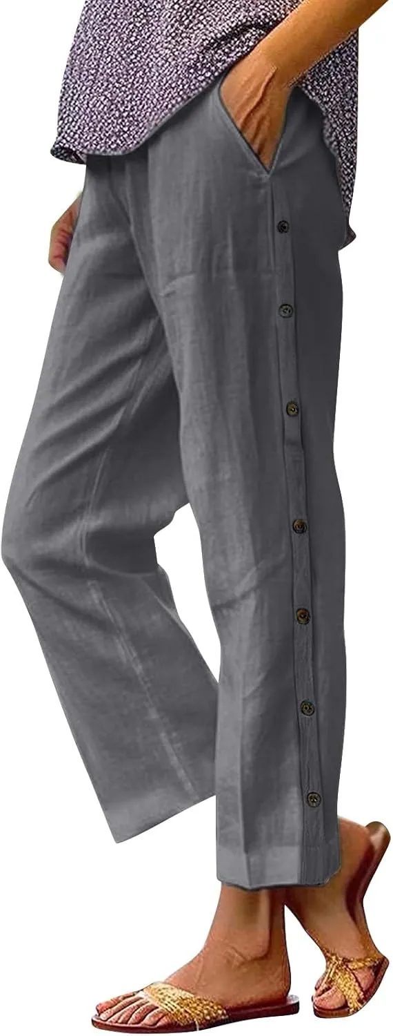 Linen Capri Pants for Women 2025 Casual Solid Color Drawstring Petite Side Button Pants Beach Trousers with Pockets
