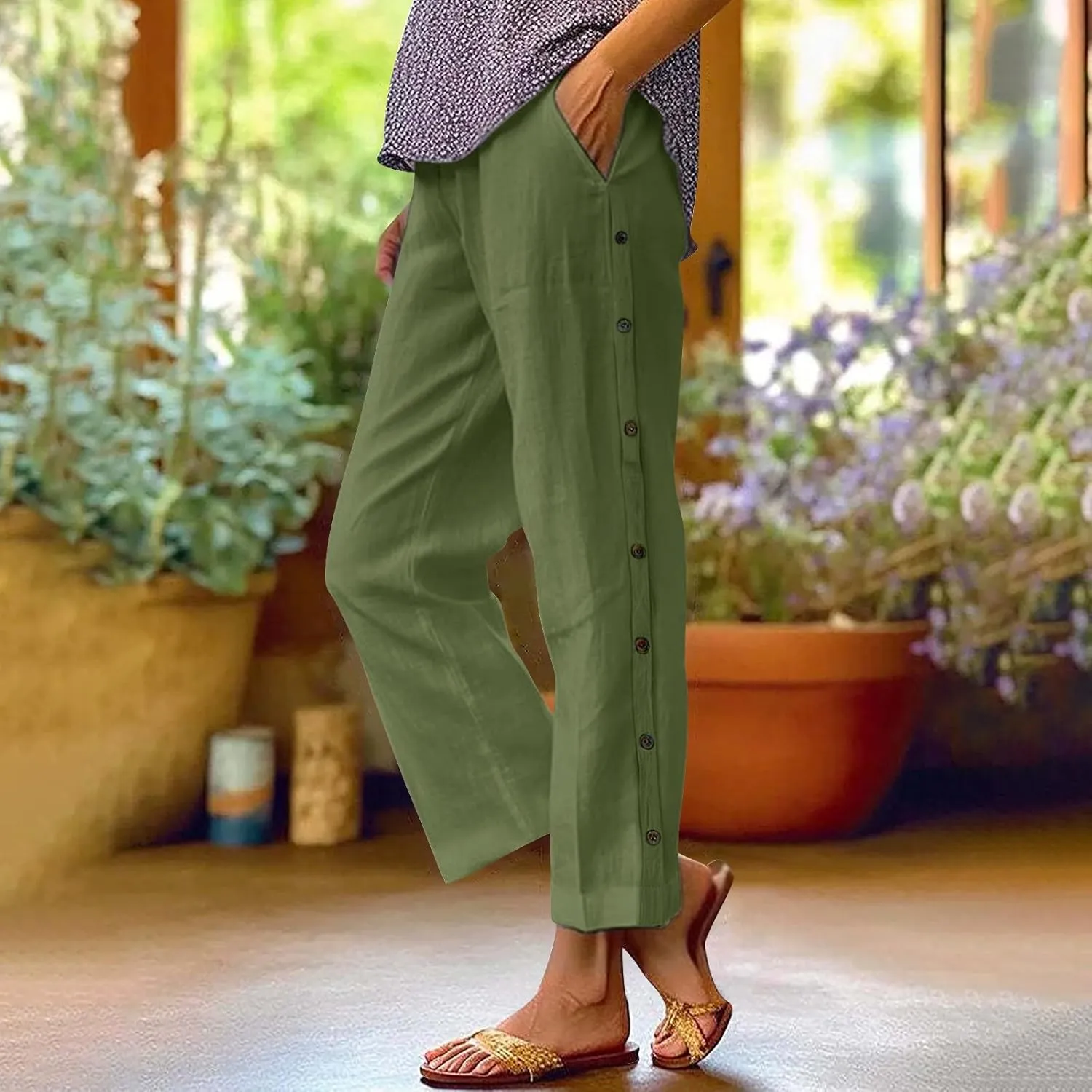 Linen Capri Pants for Women 2025 Casual Solid Color Drawstring Petite Side Button Pants Beach Trousers with Pockets
