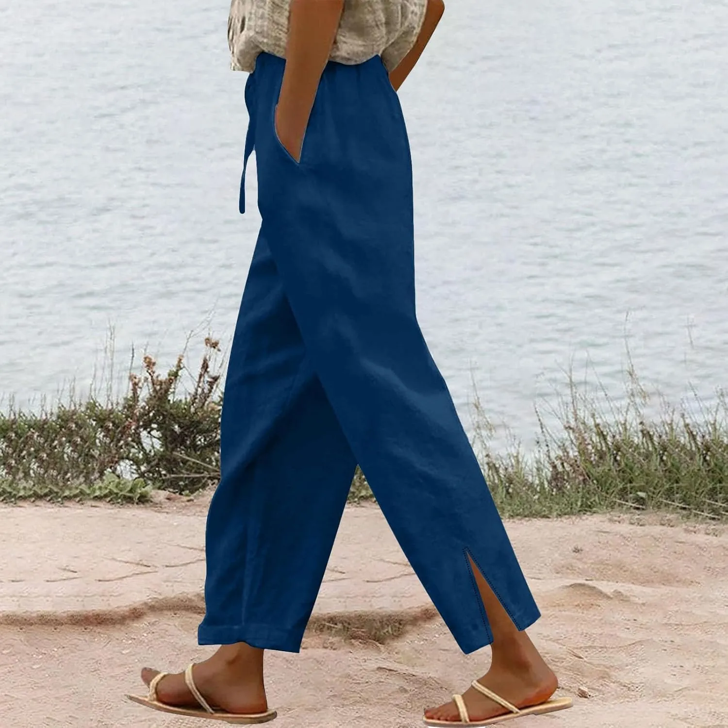 Linen Capri Pants Women Summer 2025 Pants Side Button Casual Cropped Linen Capris for Women Striped Spring