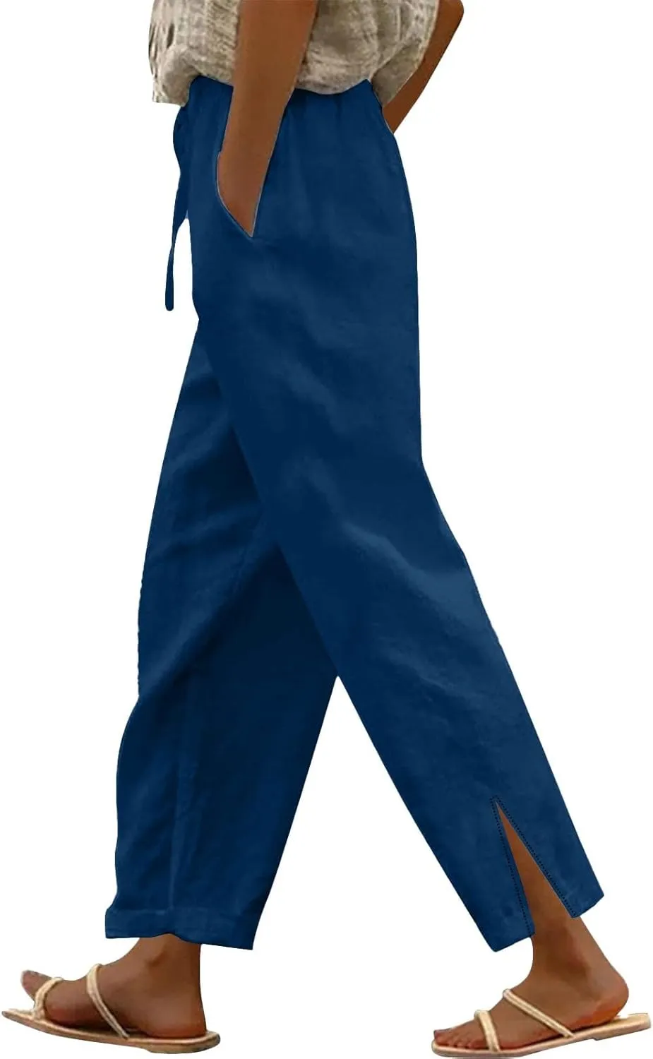 Linen Capri Pants Women Summer 2025 Pants Side Button Casual Cropped Linen Capris for Women Striped Spring