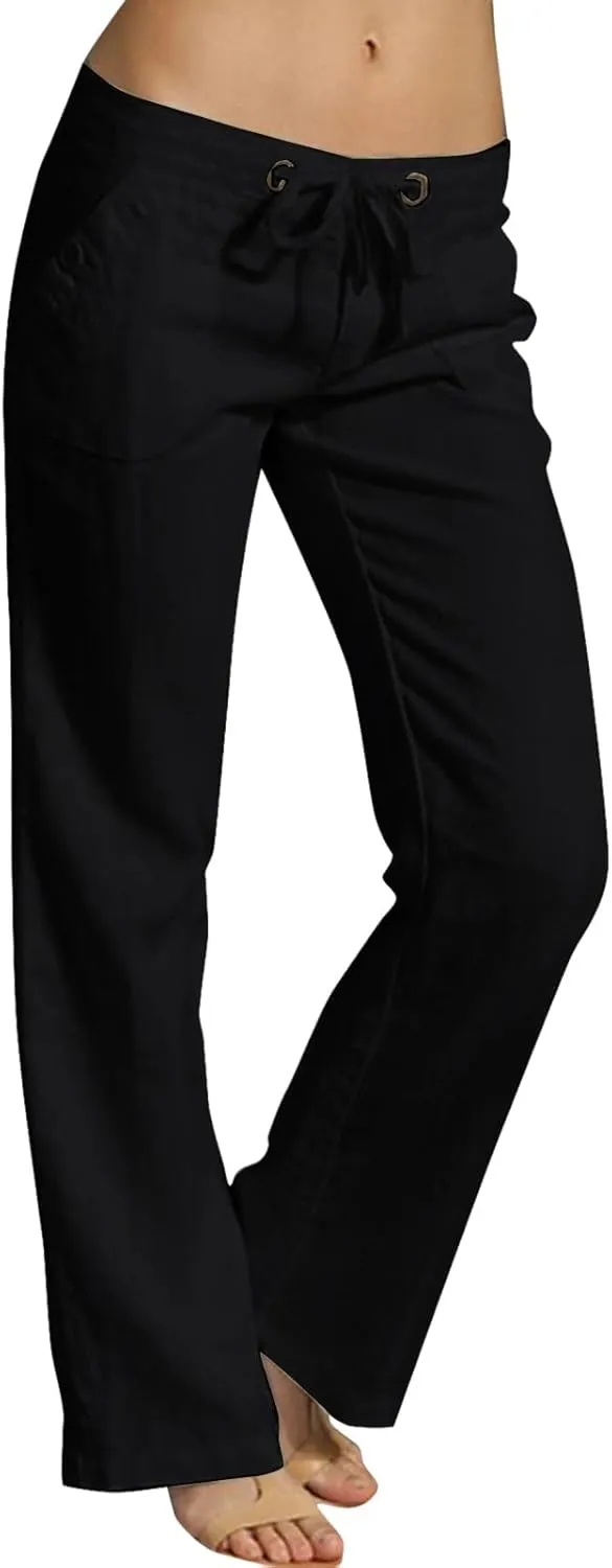 Linen Lounge Pants Women Drawstring High Waisted Wide Leg Pants Summer Casual Dressy Pant Fashion Trouser with Pocket