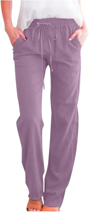 Linen Pants Women Wide Leg Summer Lounge Pants High Waisted Elastic Waist Trousers Fashion Trousers with Pockets 2025