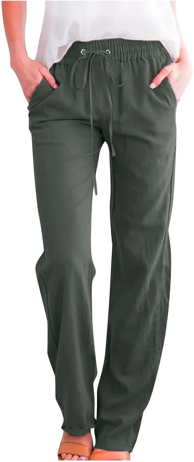 Linen Pants Women Wide Leg Summer Lounge Pants High Waisted Elastic Waist Trousers Fashion Trousers with Pockets 2025