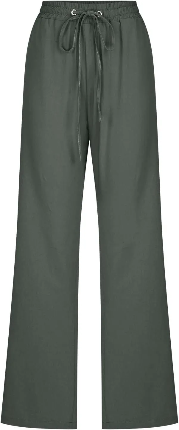 Linen Pants Women Wide Leg Summer Lounge Pants High Waisted Elastic Waist Trousers Fashion Trousers with Pockets 2025