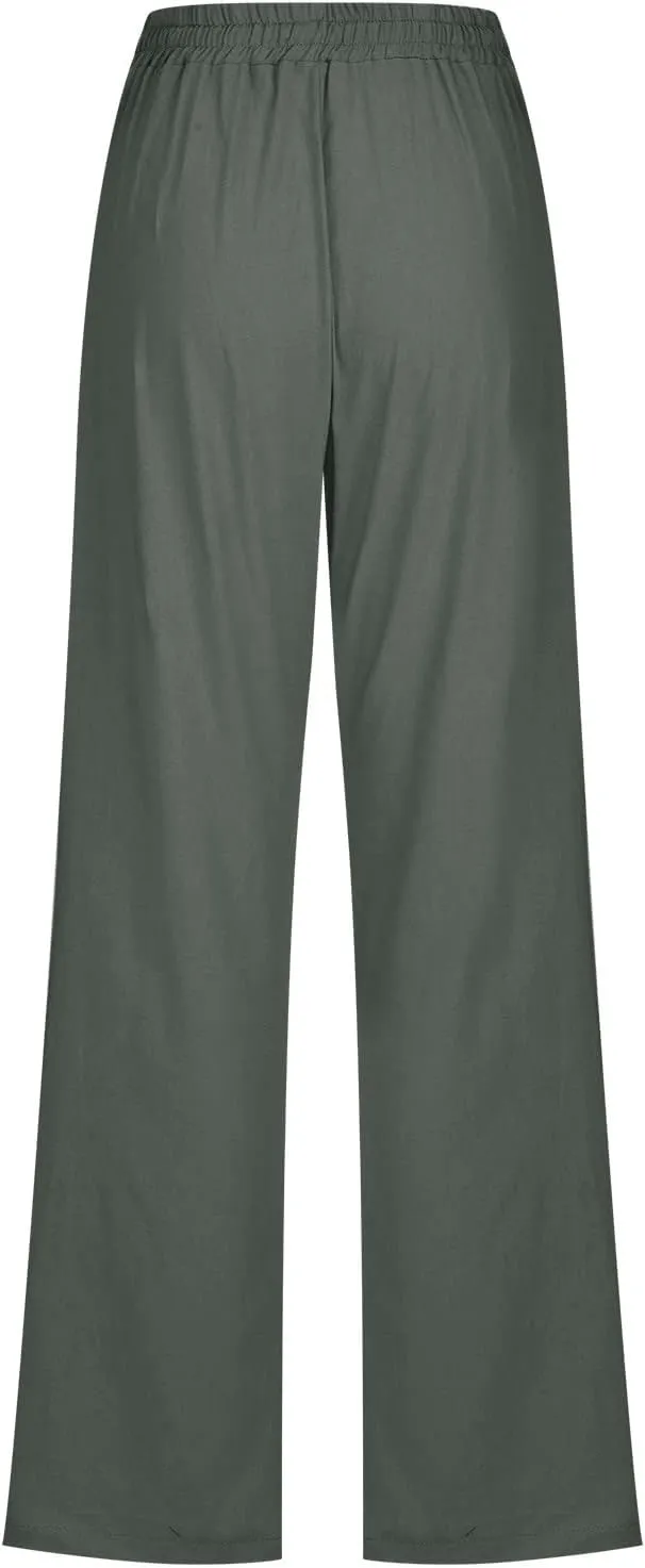Linen Pants Women Wide Leg Summer Lounge Pants High Waisted Elastic Waist Trousers Fashion Trousers with Pockets 2025