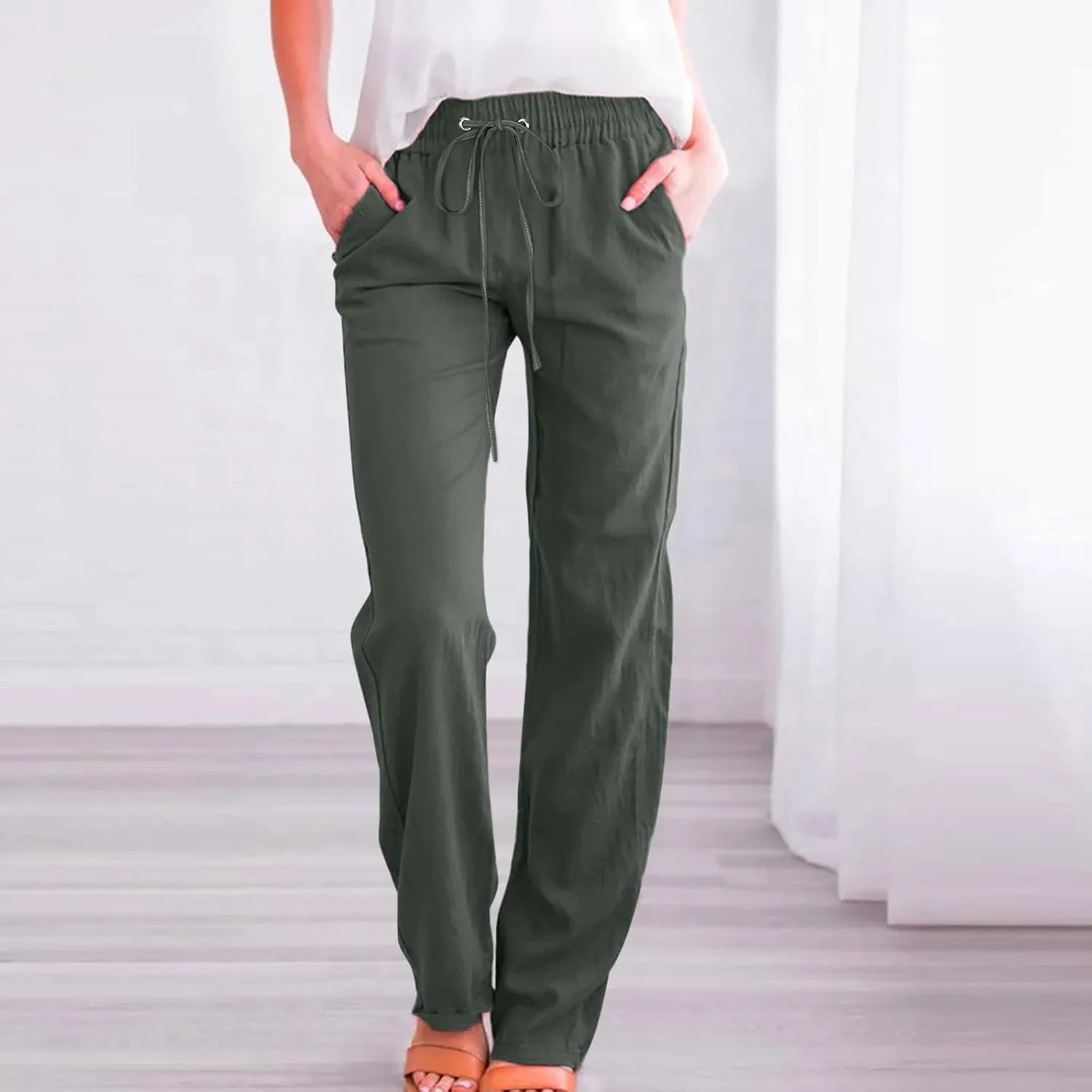 Linen Pants Women Wide Leg Summer Lounge Pants High Waisted Elastic Waist Trousers Fashion Trousers with Pockets 2025