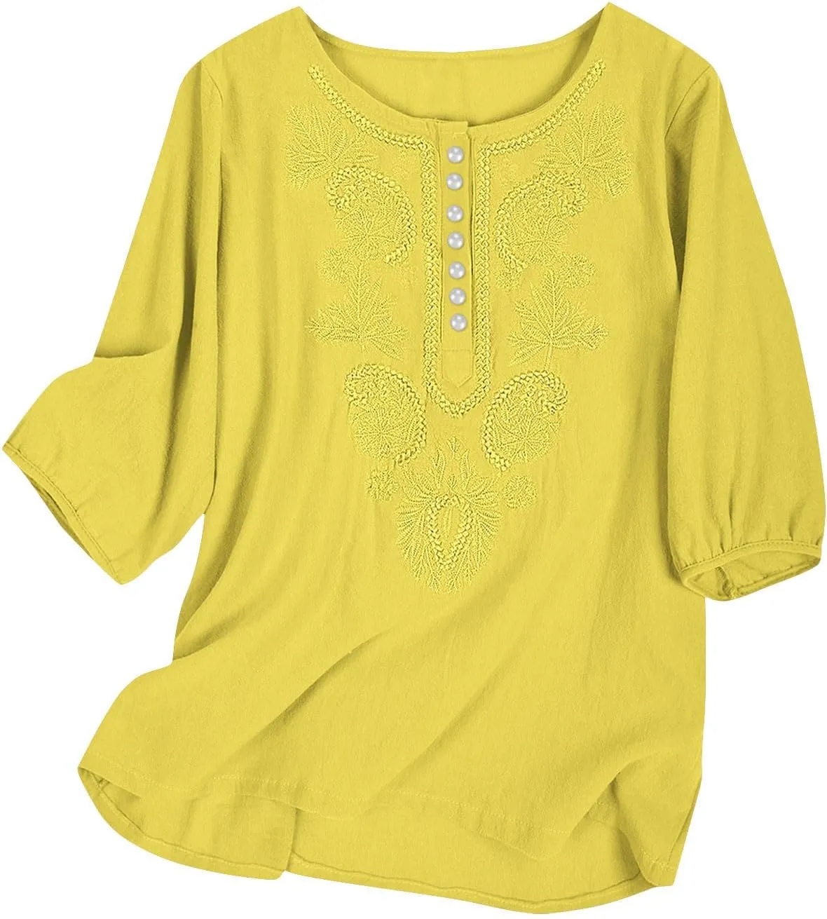 Lmdudan Cotton Linen Embroidered Tops for Women Peasant Shirt Boho Ethnic Style Mexican Blouse 3/4 Sleeve Button Tunic Tshirt