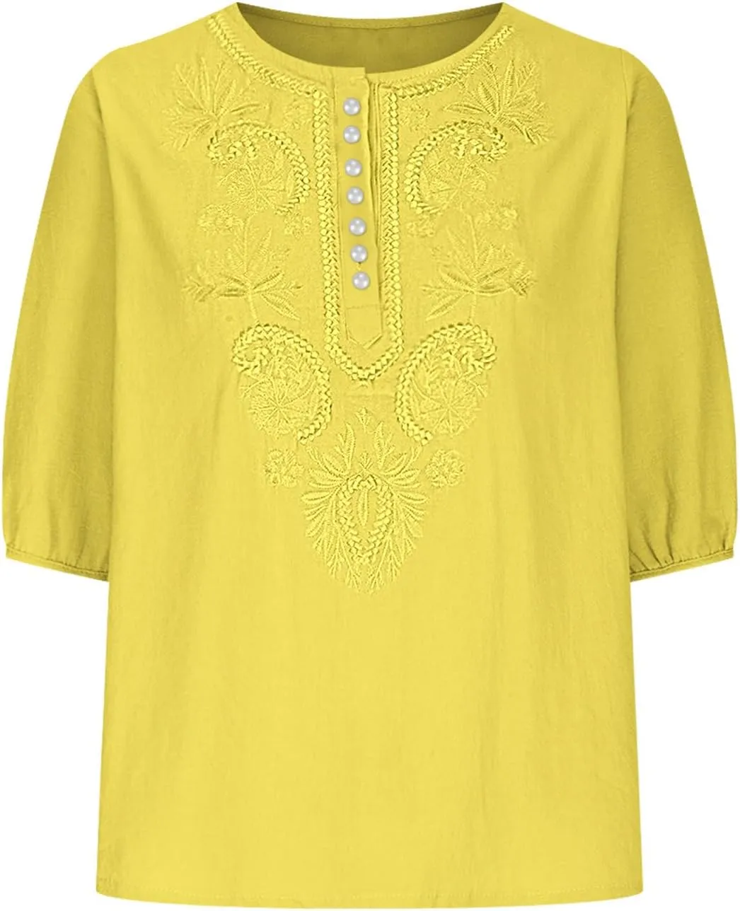 Lmdudan Cotton Linen Embroidered Tops for Women Peasant Shirt Boho Ethnic Style Mexican Blouse 3/4 Sleeve Button Tunic Tshirt