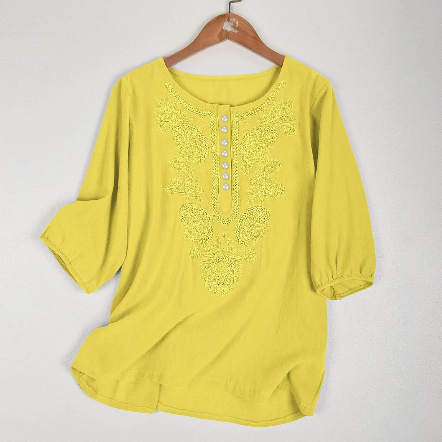 Lmdudan Cotton Linen Embroidered Tops for Women Peasant Shirt Boho Ethnic Style Mexican Blouse 3/4 Sleeve Button Tunic Tshirt