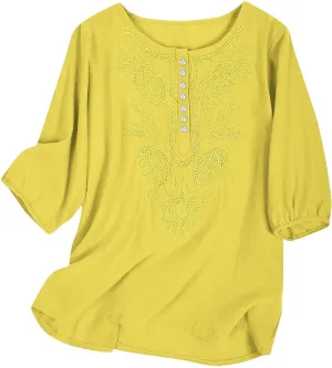 Lmdudan Cotton Linen Embroidered Tops for Women Peasant Shirt Boho Ethnic Style Mexican Blouse 3/4 Sleeve Button Tunic Tshirt