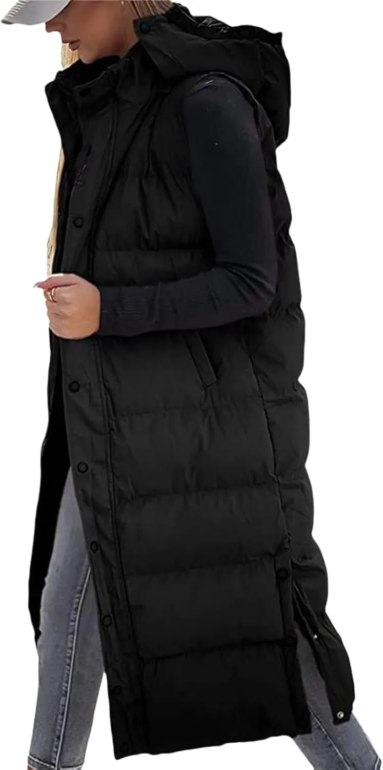 Long Puffer Vest Women Winter Warm Hooded Down Vest Oversized Sleveless Quilted Puffy Jacket Zipper Cotton Padded Coat