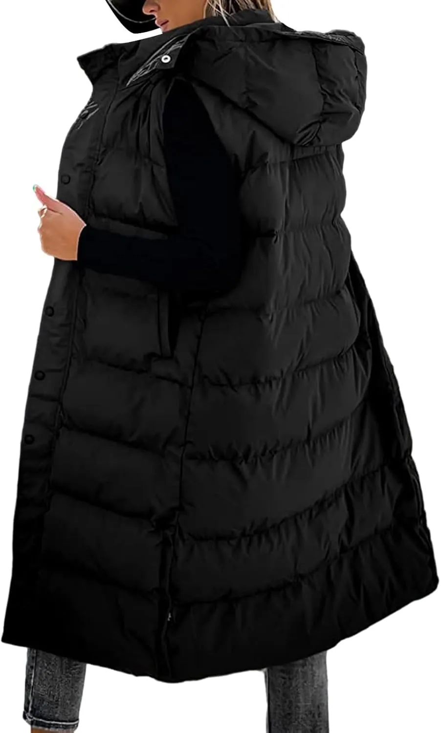Long Puffer Vest Women Winter Warm Hooded Down Vest Oversized Sleveless Quilted Puffy Jacket Zipper Cotton Padded Coat