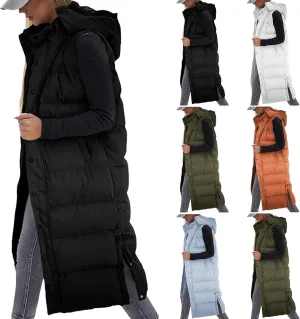 Long Puffer Vest Women Winter Warm Hooded Down Vest Oversized Sleveless Quilted Puffy Jacket Zipper Cotton Padded Coat