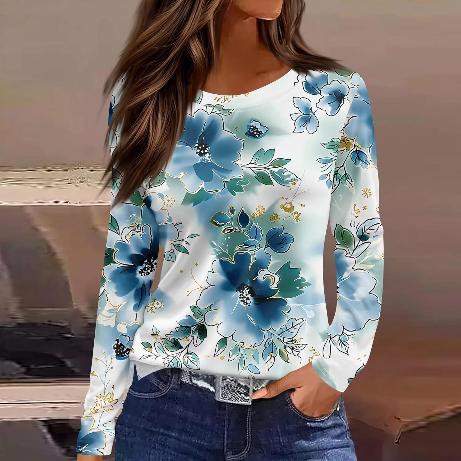 Long Sleeve Shirts for Women - Womens T Shirts Long Sleeve Crew Neck Shirts Basic Tee Sort Comfy Floral Printed Tops