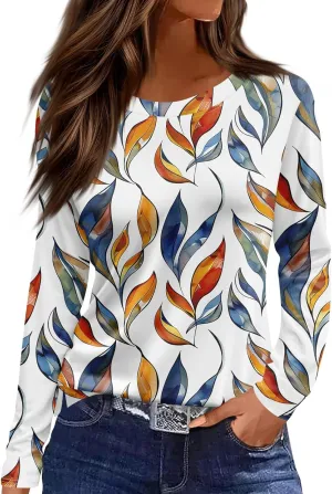 Long Sleeve Shirts for Women - Womens T Shirts Long Sleeve Crew Neck Shirts Basic Tee Sort Comfy Floral Printed Tops