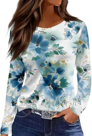 Long Sleeve Shirts for Women - Womens T Shirts Long Sleeve Crew Neck Shirts Basic Tee Sort Comfy Floral Printed Tops