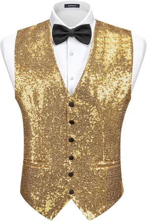 MAGE MALE Mens Sequins Suit Vest Formal V-neck Shiny Waistcoat Prom Party Tuxedo Vests