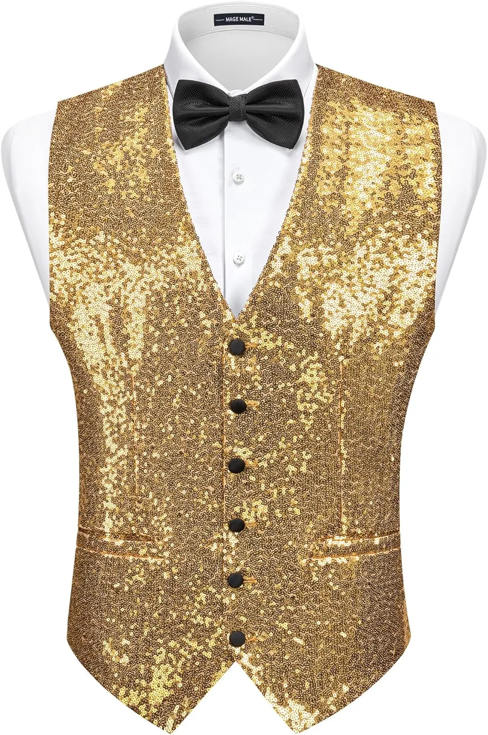 MAGE MALE Mens Sequins Suit Vest Formal V-neck Shiny Waistcoat Prom Party Tuxedo Vests