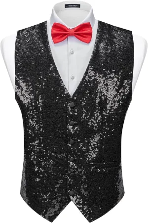 MAGE MALE Mens Sequins Suit Vest Formal V-neck Shiny Waistcoat Prom Party Tuxedo Vests
