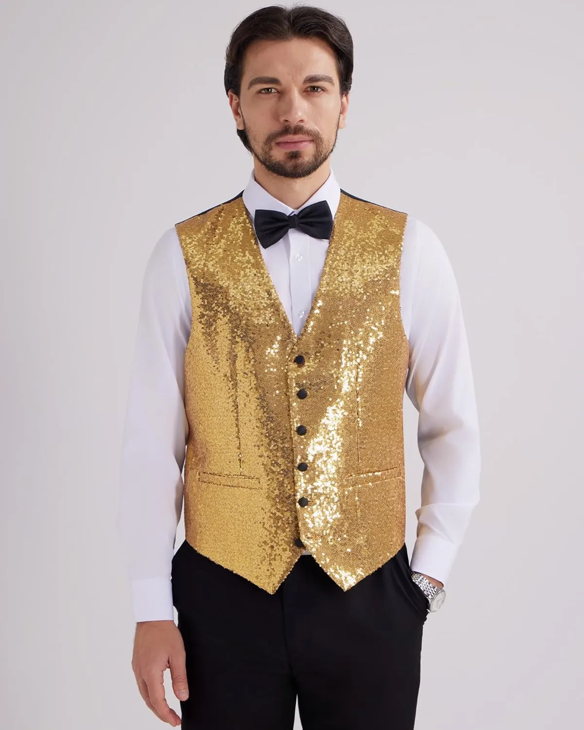 MAGE MALE Mens Sequins Suit Vest Formal V-neck Shiny Waistcoat Prom Party Tuxedo Vests