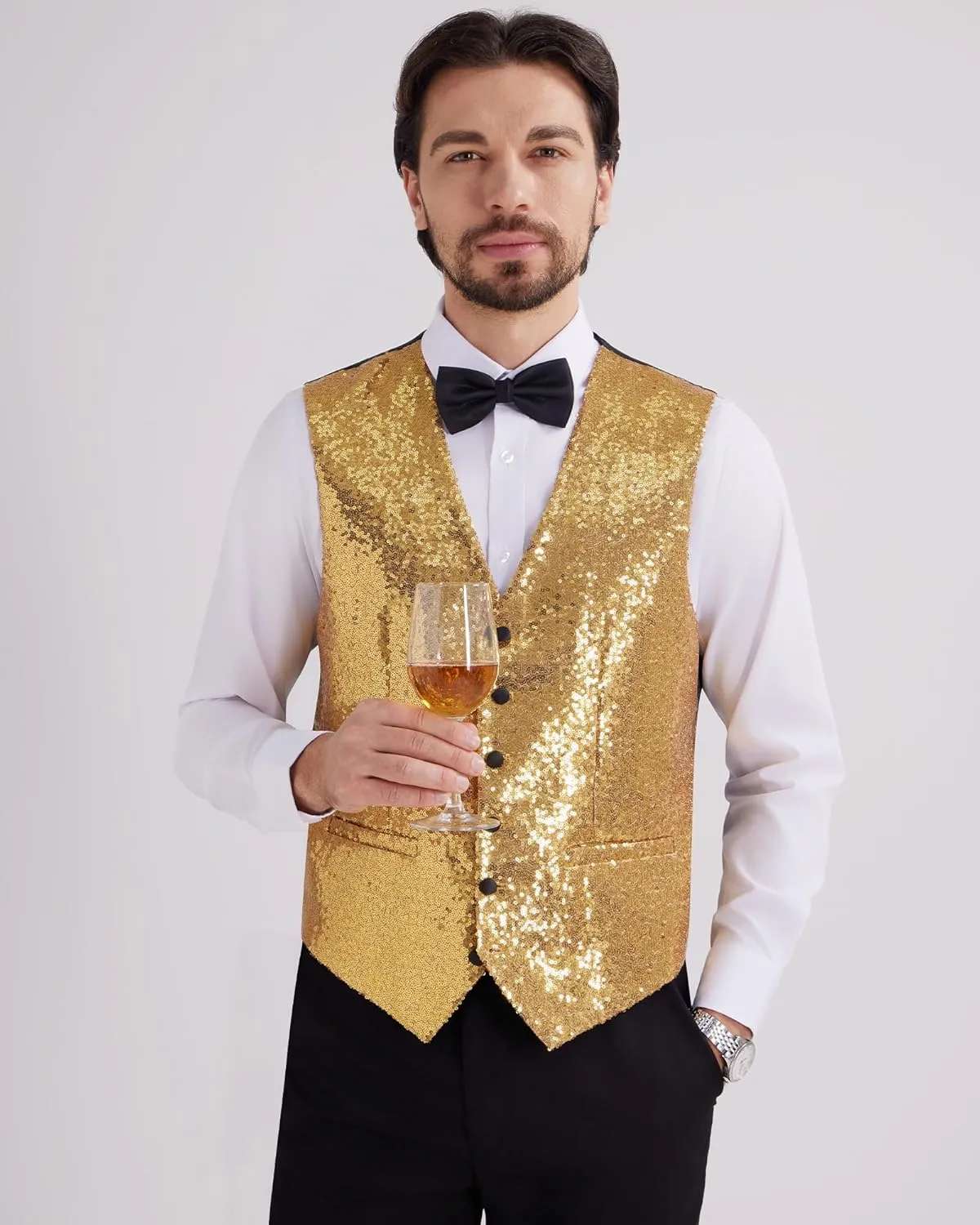 MAGE MALE Mens Sequins Suit Vest Formal V-neck Shiny Waistcoat Prom Party Tuxedo Vests