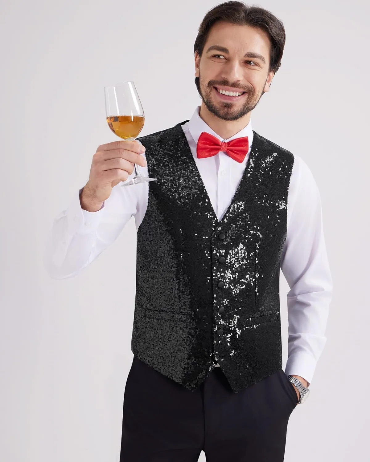 MAGE MALE Mens Sequins Suit Vest Formal V-neck Shiny Waistcoat Prom Party Tuxedo Vests