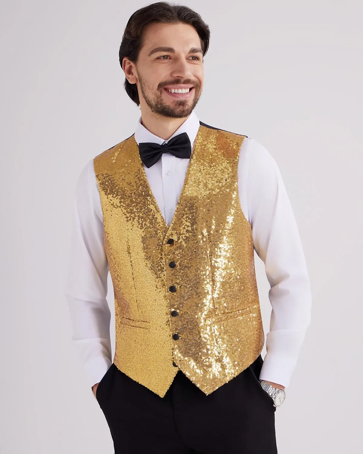MAGE MALE Mens Sequins Suit Vest Formal V-neck Shiny Waistcoat Prom Party Tuxedo Vests