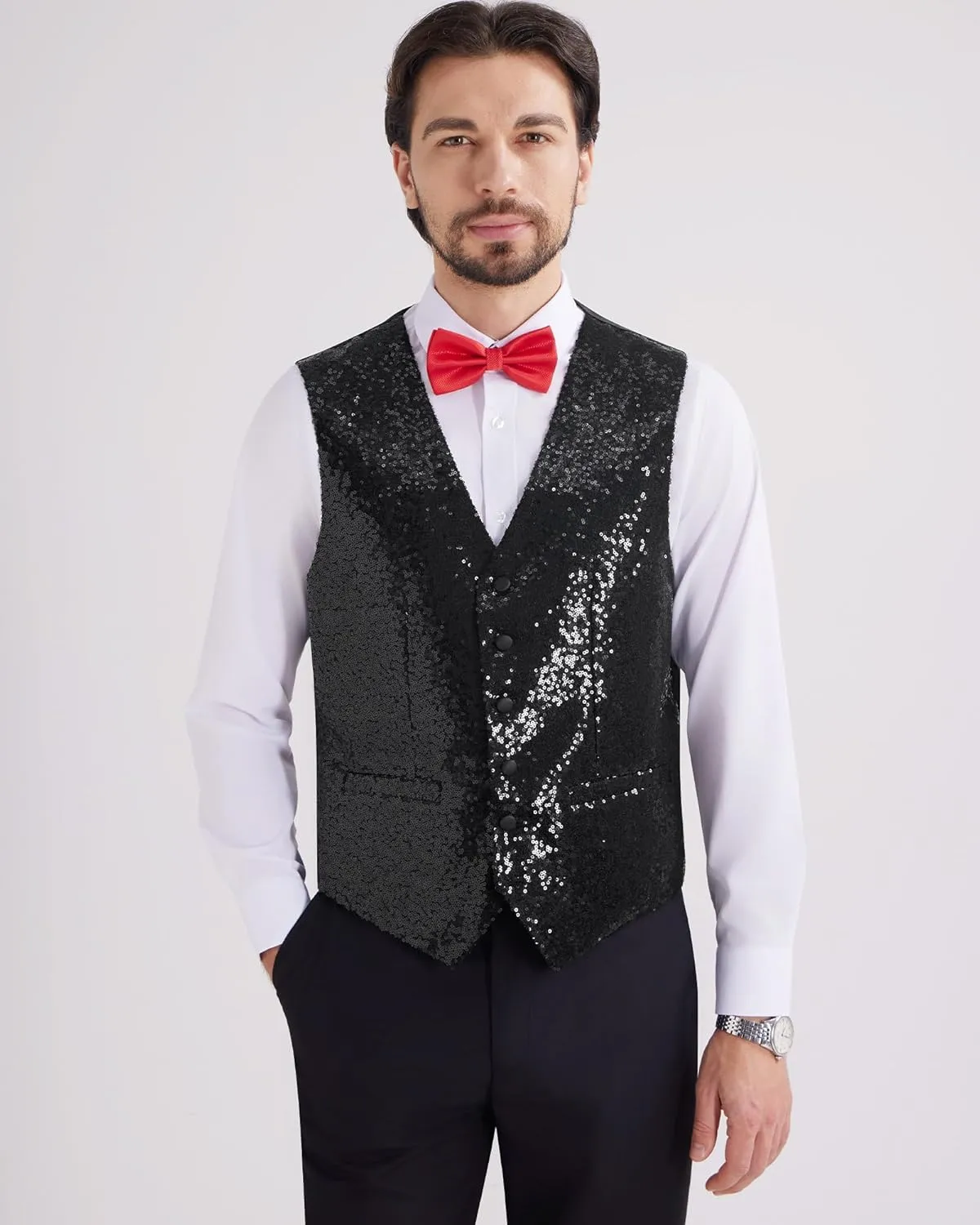 MAGE MALE Mens Sequins Suit Vest Formal V-neck Shiny Waistcoat Prom Party Tuxedo Vests