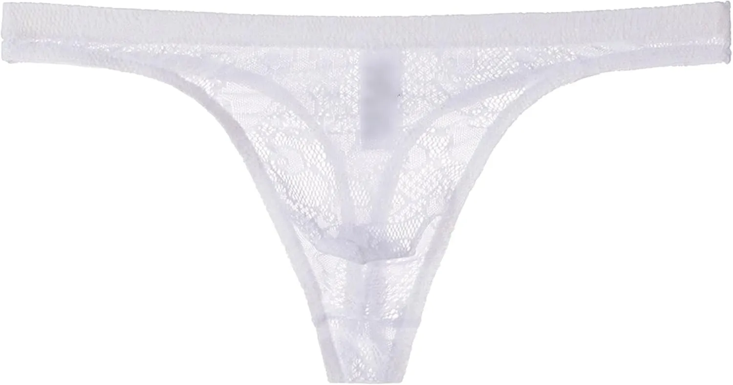 Maiyifu-GJ Men's Sexy G-String T-Back Underwear Mesh Frilly Sissy Low-Rise Bikini Briefs Sheer Lace Thong Panties