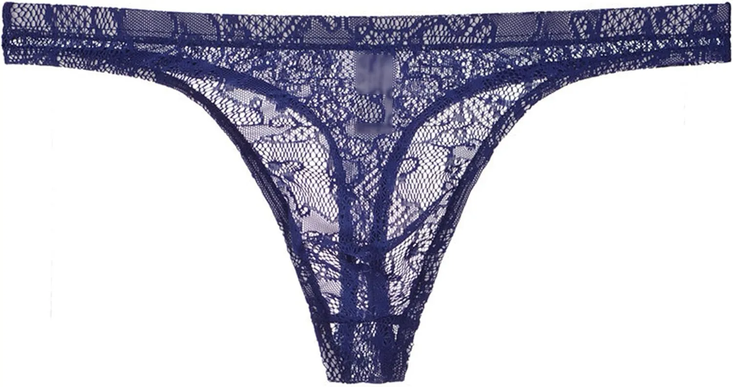 Maiyifu-GJ Men's Sexy G-String T-Back Underwear Mesh Frilly Sissy Low-Rise Bikini Briefs Sheer Lace Thong Panties