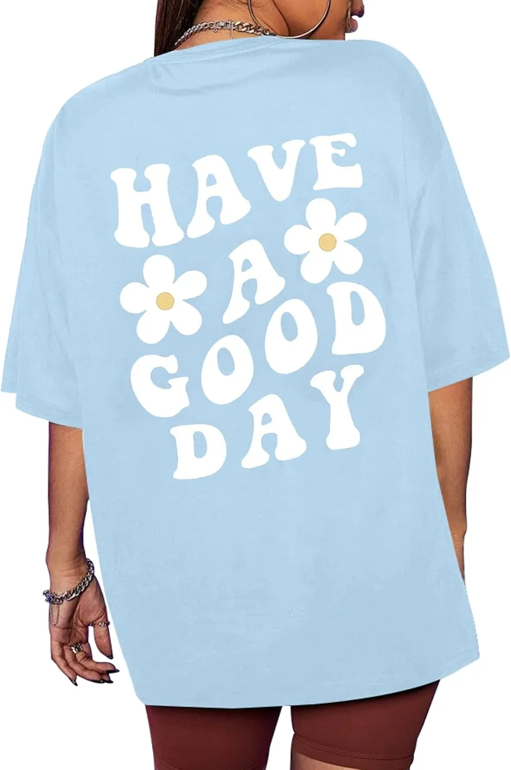 Meladyan Womens Oversize Graphic Printed T-Shirts Short Sleeve Drop Shoulder Round Neck Loose Tee Shirt Tops