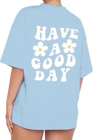 Meladyan Womens Oversize Graphic Printed T-Shirts Short Sleeve Drop Shoulder Round Neck Loose Tee Shirt Tops
