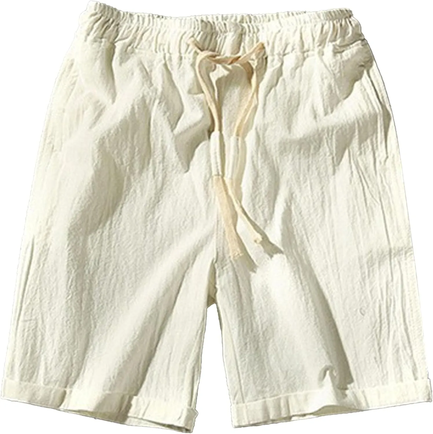 Men Linen Drawstring Beach Classic Short Inseam Linen Elastic Waist Shorts Cotton Elastic Waist Beach Shorts
