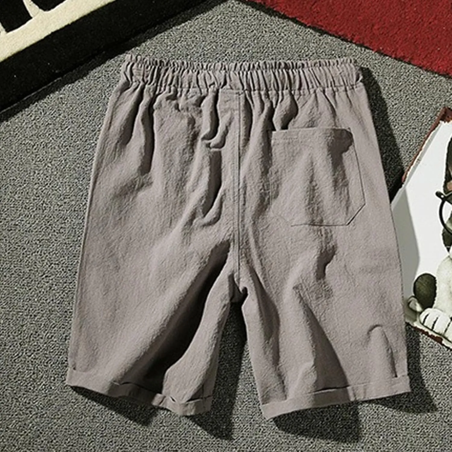 Men Linen Drawstring Beach Classic Short Inseam Linen Elastic Waist Shorts Cotton Elastic Waist Beach Shorts