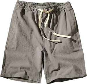 Men Linen Drawstring Beach Classic Short Inseam Linen Elastic Waist Shorts Cotton Elastic Waist Beach Shorts